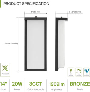 LED 14" Outdoor Wall Light, Dusk to Dawn Front Door House Sconce | 3CCT, Photocell, Waterproof, ETL Listed | 20W 1900LM 3000-5000K 120V | Exterior Patio Lighting Fixture, Porch Lamp | Black