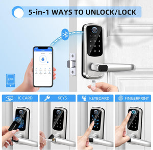 Smart Door Lock with Handle,Keyless Entry Door Locks, 8-in-1 Fingerprint Keypad Exterior Lock - Smart Locks for Front Door - Digital Electronic Smart Lock with Code & APP Control (Silver)