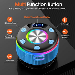 Bluetooth Shower Speaker, Portable Bluetooth 5.3 Speakers Wireless with Time Display, IP7 Waterproof Speakers with RGB Light, Suction Cup, Mini Stereo Speaker
