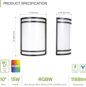 10 Inch Smart RGBW LED Outdoor & Indoor Wall Mount Light Fixture - Black RGB Wall Sconce Exterior Lighting - 120-277V 15W 2700-6500K Dimmable, Remote Control, Alexa - Front Door, Patio ETL