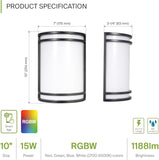 10 Inch Smart RGBW LED Outdoor & Indoor Wall Mount Light Fixture - Black RGB Wall Sconce Exterior Lighting - 120-277V 15W 2700-6500K Dimmable, Remote Control, Alexa - Front Door, Patio ETL